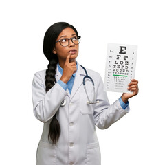 Female doctor holding eye chart, isolated on transparent background