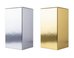 Two reflective boxes, one silver and one gold, showcasing distinct metallic finishes and geometric shapes.