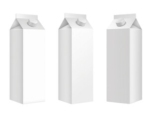 Three plain milk cartons with a triangular top, featuring a screw cap and a rectangular body, arranged in a row.