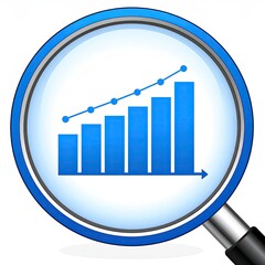 Upward chart through magnifying glass, glossy, bright blue