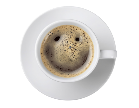 A smiling coffee cup with frothy surface sits on a white saucer, creating a cheerful and inviting appearance. - Powered by Adobe