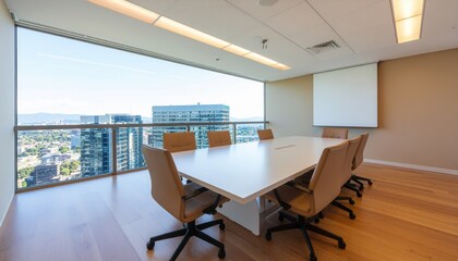 A modern conference room featuring a large table, ergonomic chairs, and a panoramic city view through floor-to-ceiling windows.