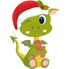 Cute green cartoon dragon wearing a red Santa hat and holding a gingerbread cookie on a transparent background