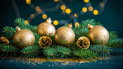 Golden Christmas ornaments and pine cones on evergreen branches with sparkling festive holiday lights