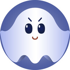 Cute Ghost Character Illustration with Translucent White Body and Blue Outline Expressing Mischief with Dark Eyes and Smiling Mouth on a Transparent Background Digital Art