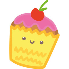 Cute Kawaii Cartoon Cupcake With Cherry And Pink Frosting On Top And Yellow Wavy Wrapper With Happy Face Isolated On Transparent Background