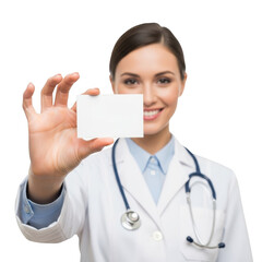 Doctor showing a blank card isolated on transparent background