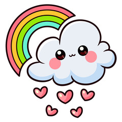 Cute Kawaii Cartoon Cloud Raining Pink Hearts Under a Colorful Rainbow on a Transparent Background Pixel Art Style