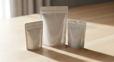 Three white stand-up pouches on a wooden surface in sunlight.