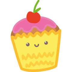 Cute Kawaii Cupcake With Cherry On Top And Pink Frosting On Yellow Wrapper Isolated On Transparent Background