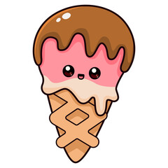 Cute Kawaii Ice Cream Cone With Strawberry Flavor Chocolate Drizzle and Pink Cheeks on a Transparent Background