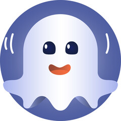 Cute little ghost with big eyes and orange mouth in a blue circle with subtle highlights and a transparent background.