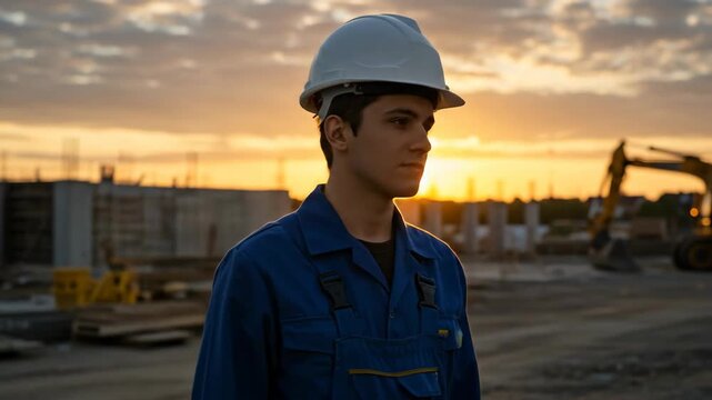 A construction worker in blue overalls watches a sunset on site.