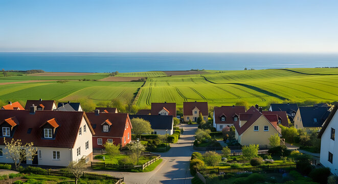 Picturesque rural village nestled amongst vibrant green fields and distant blue ocean vista, offering a tranquil escape and idyllic countryside living