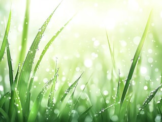 Obraz premium 78.Vibrant green grass close-up with dew drops glistening in soft sunlight, individual blades detailed with fine textures, blurred background of a lush meadow, fresh atmosphere with sparkling water