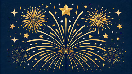 Luxurious golden fireworks display with sparkling stars set against a deep midnight blue background for celebration