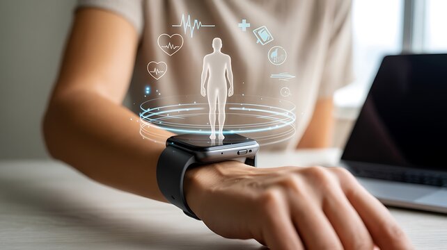 Futuristic smartwatch with health monitoring hologram projection, wearable fitness technology concept, digital healthcare innovation, pulse and heart rate tracking
