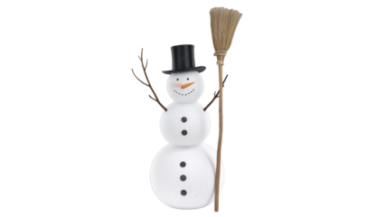 Cheerful snowman with hat, striped scarf, carrot nose, branch arms, and broom, classic winter character on white background symbolizing joy, holiday spirit, and festive charm.