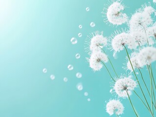 64.Goatbeard seed head partially dispersed, remaining seeds glistening with fine dew, rich turquoise background softly fading into a gradient.