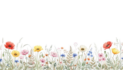 Watercolor floral border with wildflowers isolated on transparent background