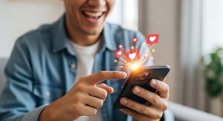 young man give like on social media