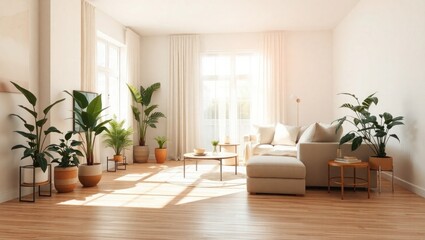 Bright modern living room with lush green plants and natural light