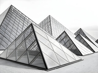 Modern glass pyramids forming sharp geometric patterns in a monochromatic architectural photograph