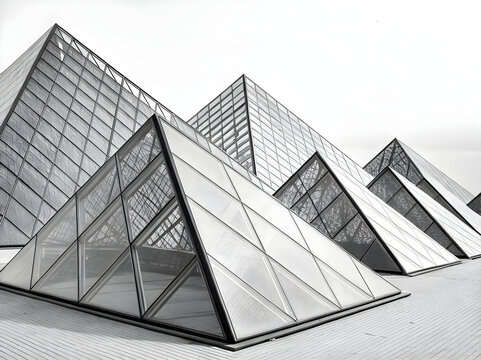 Modern glass pyramids forming sharp geometric patterns in a monochromatic architectural photograph - Powered by Adobe