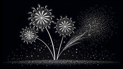 Monochrome white fireworks display illustration featuring three exploding starbursts and dynamic glitter trails on a dark background.