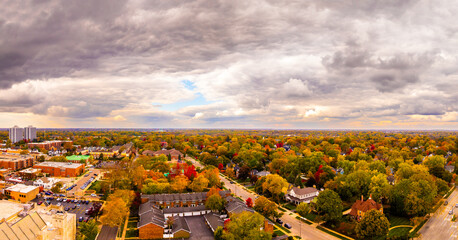 Autumn Aerial View of Downtown Wheaton, Illinois – Fall Foliage and Cityscape”