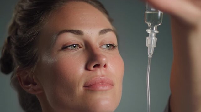 Young woman receiving intravenous iv drip with calm hopeful expression nurse attending patient clinical medical healthcare setting, soft lighting