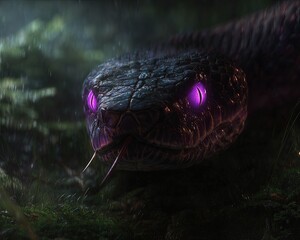 Dark Serpent Head In Rain Forest