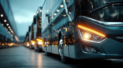 A modern fleet of sleek, illuminated buses parked in an urban setting, showcasing their stylish design and advanced lighting features.
