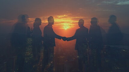 Businessmen Handshake Silhouette Sunset City