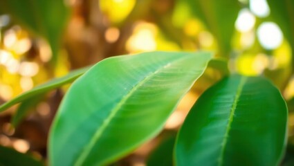 Vibrant green leaves bathed in warm sunlight, macro detail