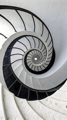 Fototapeta premium Striking black and white spiral staircase creating an optical illusion of depth and infinite architectural geometry.