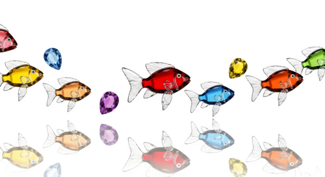 Colorful crystal fish swimming with precious gemstone accents on a black backdrop