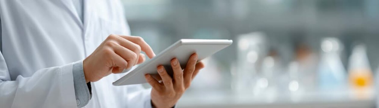 Doctor holding tablet laboratory medical professional using touchscreen digital record access clinical research focused doctor using tablet hands