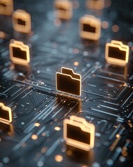 Glowing Folder Icons On Circuit Board