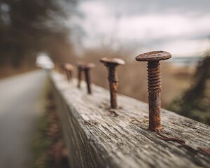 Rusty Nails In Wooden Fence Post Close-Up