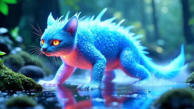 Mystical Bioluminescent Creature with Orange Eyes Stalking Through Shallow Water in Enchanted Forest at Dawn