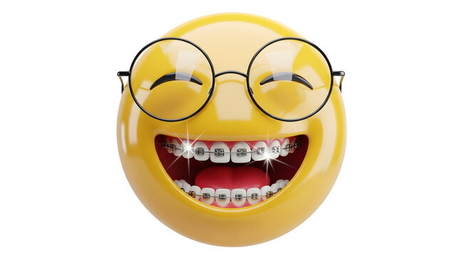 Happy emoji face with glasses and braces smiling broadly - Powered by Adobe