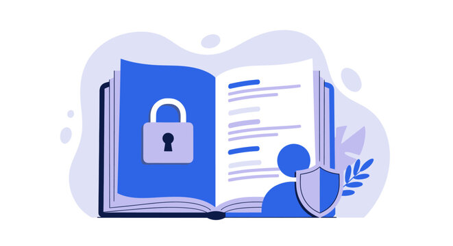 Secure knowledge protection concept with open book, padlock, and shield symbolizing data safety and intellectual property rights