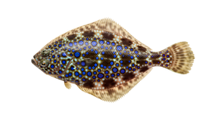 Close up of a brightly colored flounder with blue spots