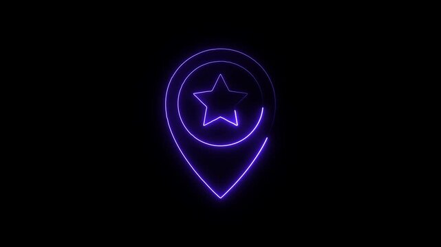 Glowing neon purple map pin marker with star inside on black background abstract digital animation location symbol