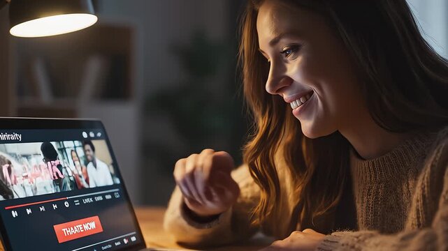 Woman Donates to Charity Online via Laptop, Smiling at the Screen