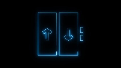 Neon blue elevator doors glowing with up and down arrows and floor indicators on black background abstract technology - Powered by Adobe
