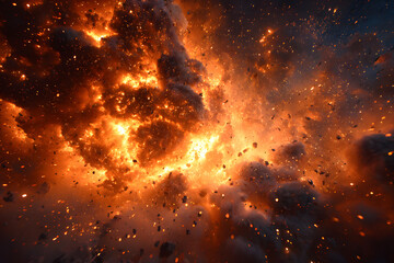 Naklejka premium Abstract background with fire particles and sparks, smoke, debris and noise after natural disaster, catastrophe or bomb explosion. War, military operation concept. Backdrop for design war game