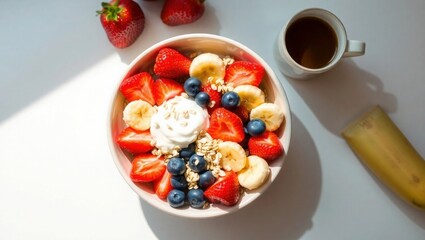 Fresh fruit bowl with yogurt and coffee for healthy breakfast