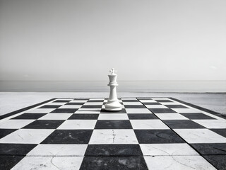 White chess King piece standing alone on a large, weathered chessboard overlooking a vast, misty ocean horizon